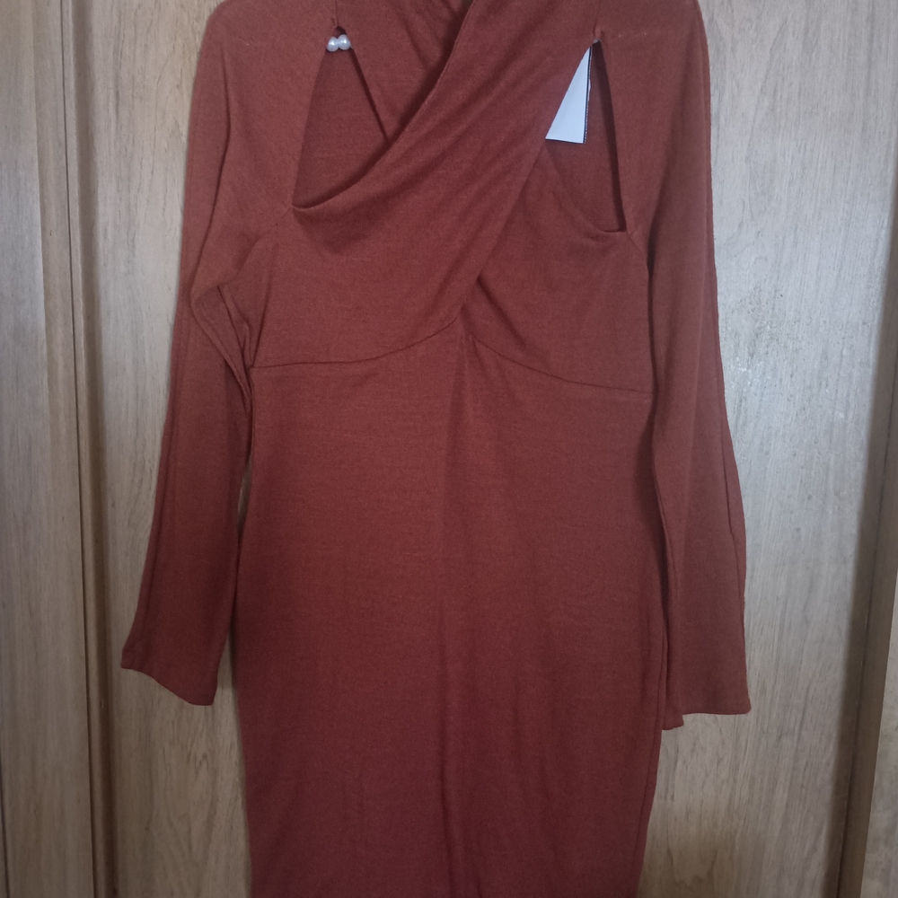 Astr Orange Red Bodycon Midi Dress with Cowl Neck